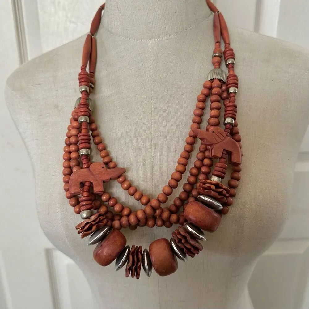 Brown beaded multi strand elephant statement necklace